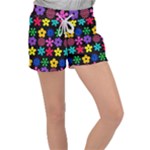 Colorful flowers on a black background pattern                                                         Women s Velour Lounge Shorts