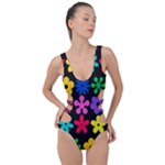 Colorful flowers on a black background pattern                                                            Side Cut Out Swimsuit