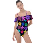 Colorful flowers on a black background pattern                                                           Frill Detail One Piece Swimsuit