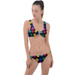 Colorful flowers on a black background pattern                                                            Ring Detail Crop Bikini Set