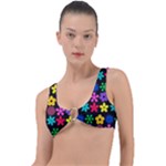 Colorful flowers on a black background pattern                                                            Ring Detail Bikini Top