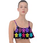 Colorful flowers on a black background pattern                                                           Frill Bikini Top