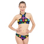 Colorful flowers on a black background pattern                                                            High Neck Bikini Set