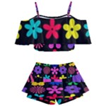 Colorful flowers on a black background pattern                                                         Kids  Off Shoulder Skirt Bikini