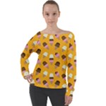 Ice cream on an orange background pattern                                                           Off Shoulder Long Sleeve Velour Top