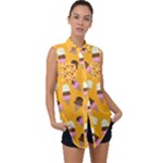 Ice cream on an orange background pattern                                                            Sleeveless Chiffon Button Shirt