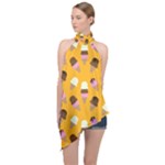 Ice cream on an orange background pattern                                                              Halter Asymmetric Satin Top