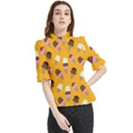 Ice cream on an orange background pattern                                                            Frill Neck Blouse