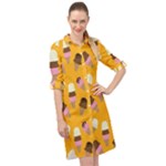 Ice cream on an orange background pattern                                                                Long Sleeve Mini Shirt Dress