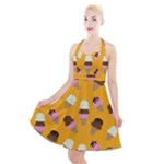 Ice cream on an orange background pattern                                                                Halter Party Swing Dress