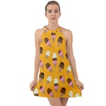 Ice cream on an orange background pattern                                                                Halter Tie Back Chiffon Dress