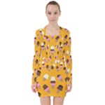 Ice cream on an orange background pattern                                                                V-neck Bodycon Long Sleeve Dress