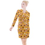 Ice cream on an orange background pattern                                                               Button Long Sleeve Dress