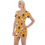 Ice cream on an orange background pattern                                                           Short Sleeve Asymmetric Mini Dress