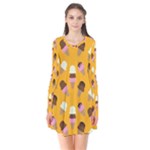 Ice cream on an orange background pattern                                                            Long Sleeve V-neck Flare Dress