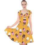 Ice cream on an orange background pattern                                                               Cap Sleeve Front Wrap Midi Dress