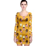 Ice cream on an orange background pattern                                                             Long Sleeve Bodycon Dress