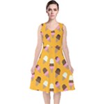 Ice cream on an orange background pattern                                                            V-Neck Midi Sleeveless Dress