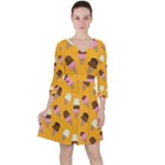 Ice cream on an orange background pattern                                                             Quarter Sleeve Ruffle Waist Dress