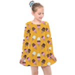 Ice cream on an orange background pattern                                                            Kids  Long Sleeve Dress