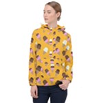 Ice cream on an orange background pattern                                                             Women Hooded Front Pocket Windbreaker