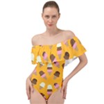 Ice cream on an orange background pattern                                                                 Off Shoulder Velour Bodysuit