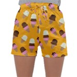 Ice cream on an orange background pattern                                                            Women s Satin Sleepwear Sleeve Shorts