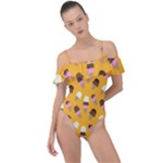 Ice cream on an orange background pattern                                                            Frill Detail One Piece Swimsuit