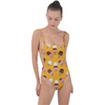 Ice cream on an orange background pattern                                                             Tie Strap One Piece Swimsuit