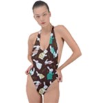 Easter rabbit pattern Backless Halter One Piece Swimsuit