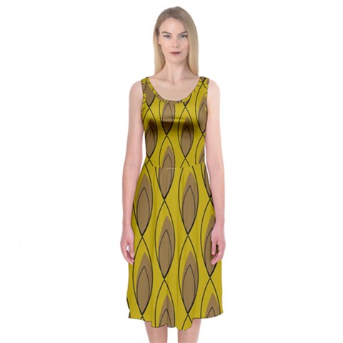 Yellow Brown Minimalist Leaves Midi Sleeveless Dress from ArtsNow.com