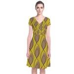 Yellow Brown Minimalist Leaves Short Sleeve Front Wrap Dress