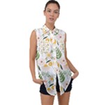 Flowers on a white background pattern                                                                   Sleeveless Chiffon Button Shirt