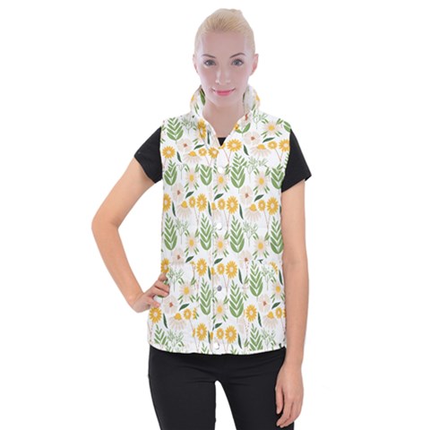 Flowers on a white background pattern                                                                 Women s Button Up Puffer Vest from ArtsNow.com