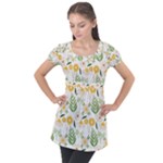 Flowers on a white background pattern                                                                   Puff Sleeve Tunic Top