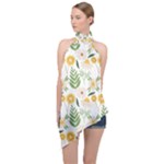 Flowers on a white background pattern                                                                     Halter Asymmetric Satin Top