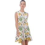 Flowers on a white background pattern                                                                       Frill Swing Dress