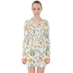 Flowers on a white background pattern                                                                       V-neck Bodycon Long Sleeve Dress