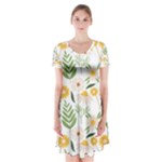 Flowers on a white background pattern                                                                        Short Sleeve V-neck Flare Dress