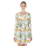 Flowers on a white background pattern                                                                    Long Sleeve Velvet V-neck Dress