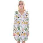 Flowers on a white background pattern                                                                       Long Sleeve Front Wrap Dress