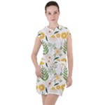 Flowers on a white background pattern                                                                                   Drawstring Hooded Dress