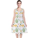 Flowers on a white background pattern                                                                   V-Neck Midi Sleeveless Dress