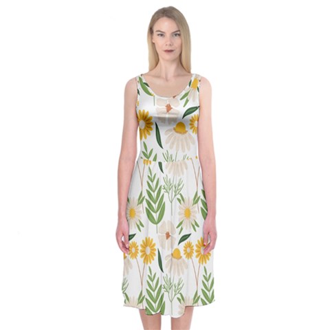 Flowers on a white background pattern                                                                   Midi Sleeveless Dress from ArtsNow.com