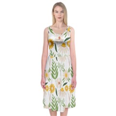 Flowers on a white background pattern                                                                   Midi Sleeveless Dress from ArtsNow.com