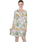 Flowers on a white background pattern                                                                    Quarter Sleeve Ruffle Waist Dress