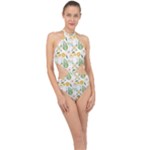 Flowers on a white background pattern                                                                   Halter Side Cut Swimsuit