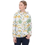 Flowers on a white background pattern                                                                    Women Hooded Front Pocket Windbreaker