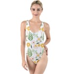 Flowers on a white background pattern                                                                  High Leg Strappy Swimsuit