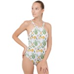 Flowers on a white background pattern                                                                   High Neck One Piece Swimsuit